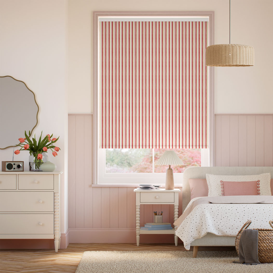 Twist2Go Hand Painted Stripes Rose Pink & Polka Red Roller Blind