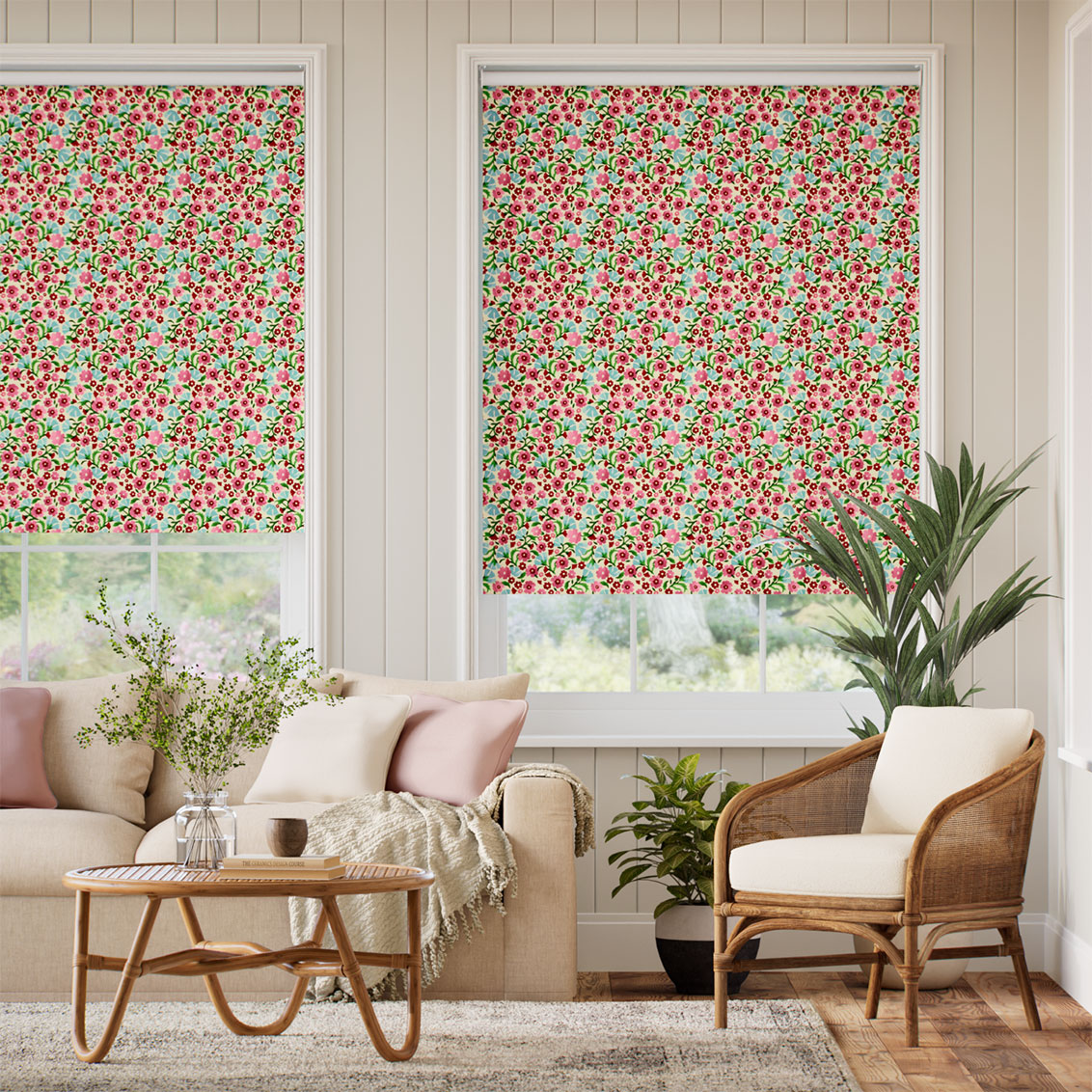 Twist2Go Indian Summer Ditsy Rose Pink & Polka Dot Red Roller Blind