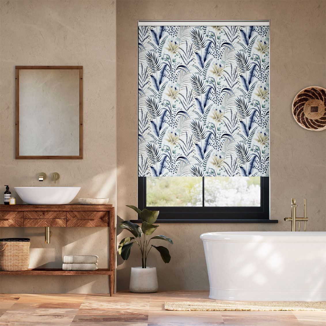 Twist2Go Splash Blackout Inky Botanical Blue Stone Roller Blind