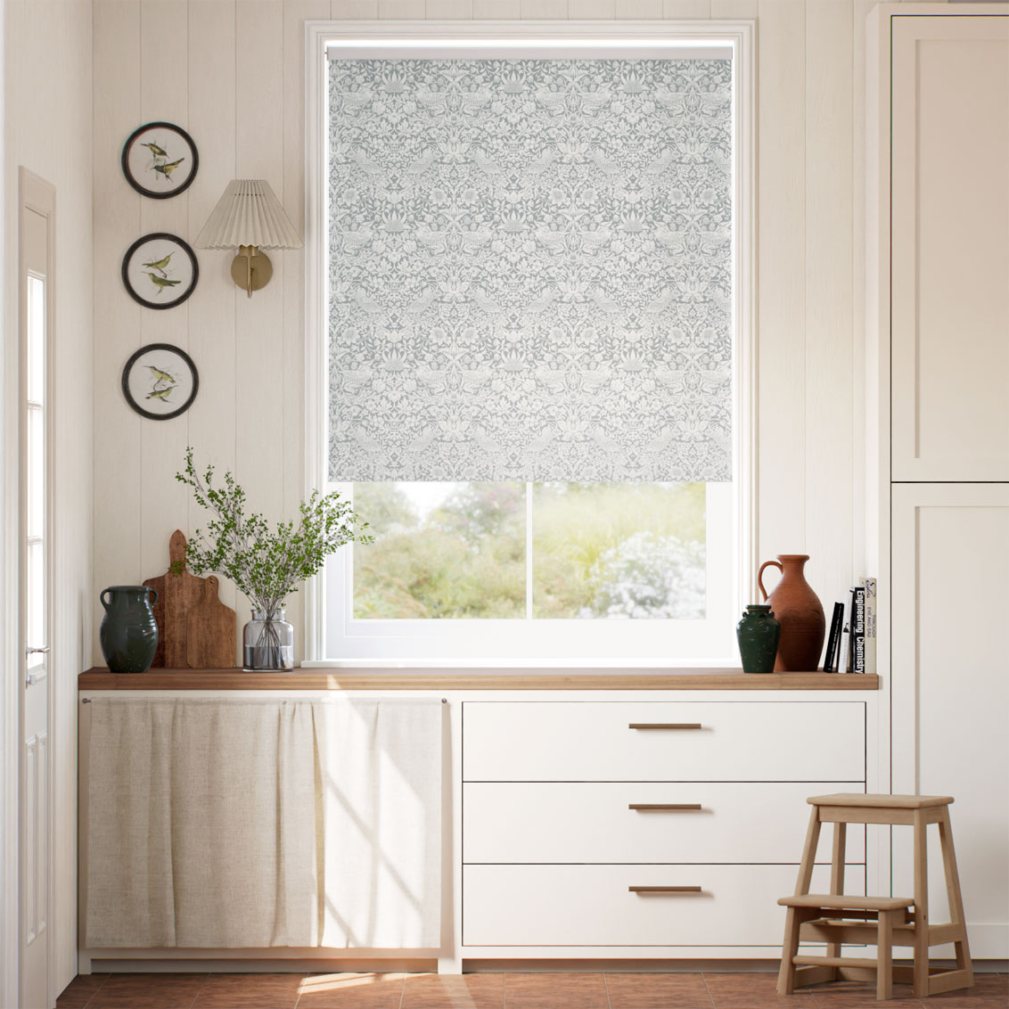 Twist2Go William Morris Strawberry Thief Silver Grey  Roller Blind
