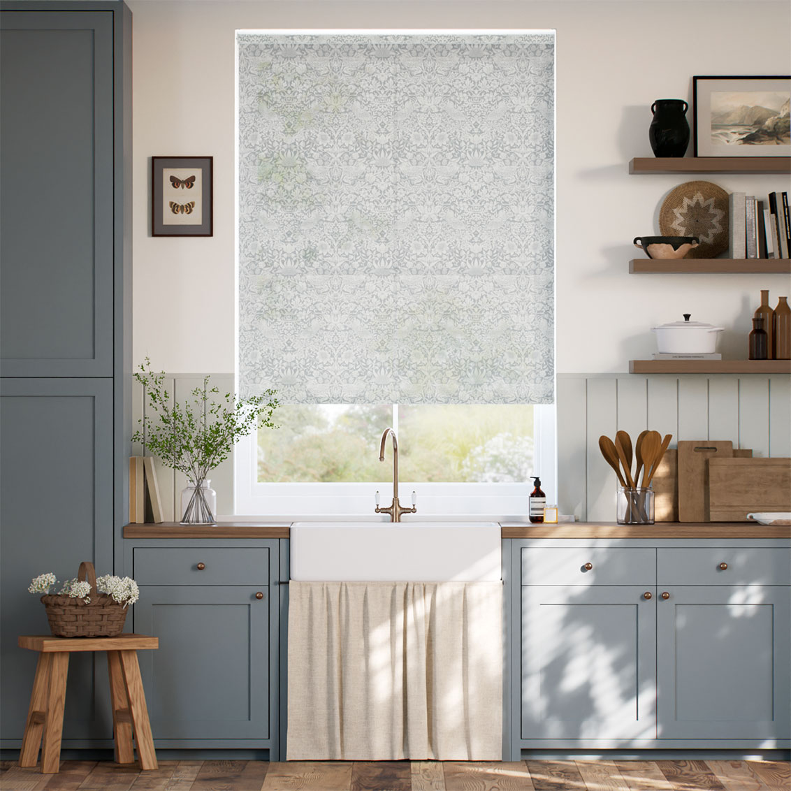 Twist2Go William Morris Strawberry Thief Voile Silver Grey Roller Blind