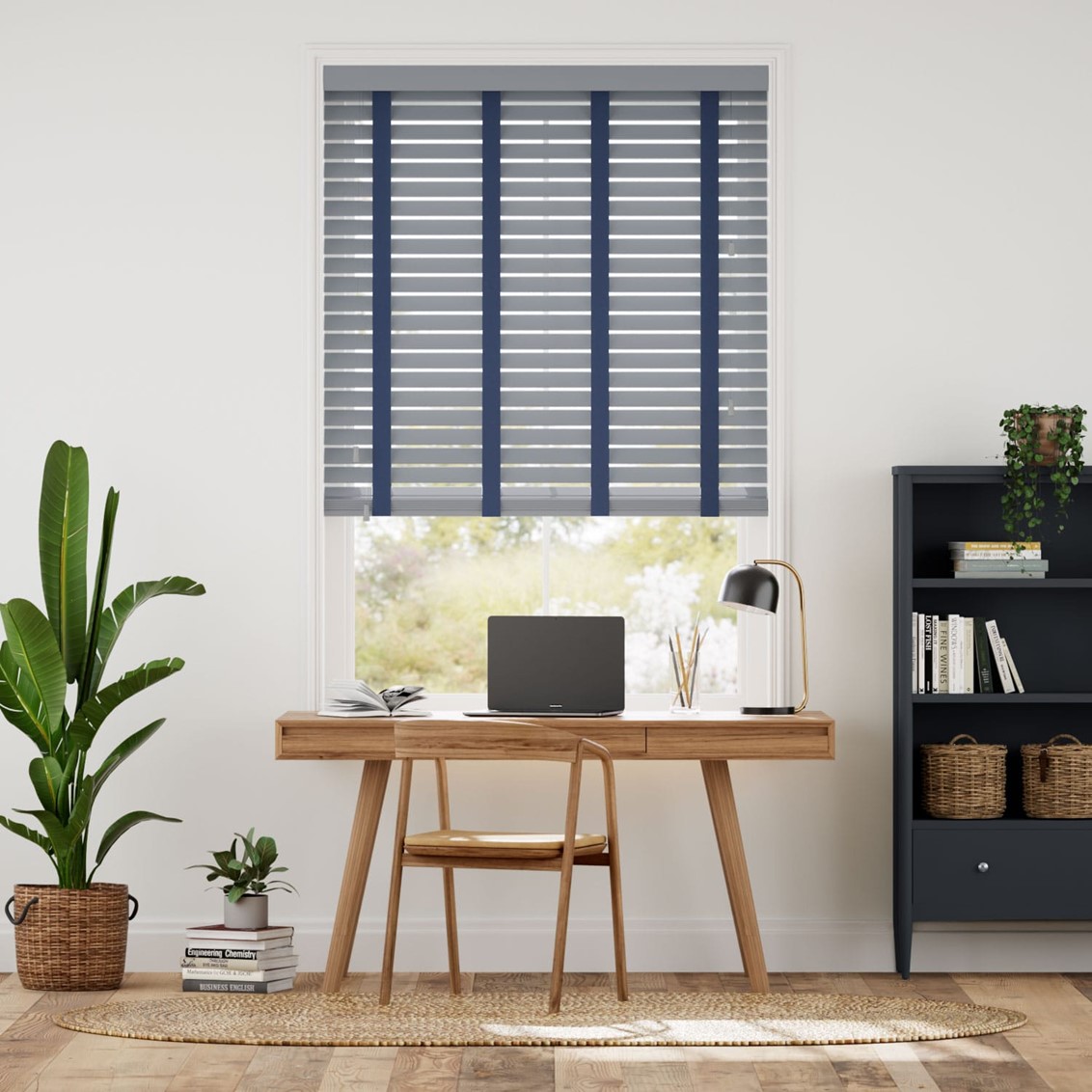 Urban Grey & Oxford Blue Faux Wood Blind - 50mm Slat