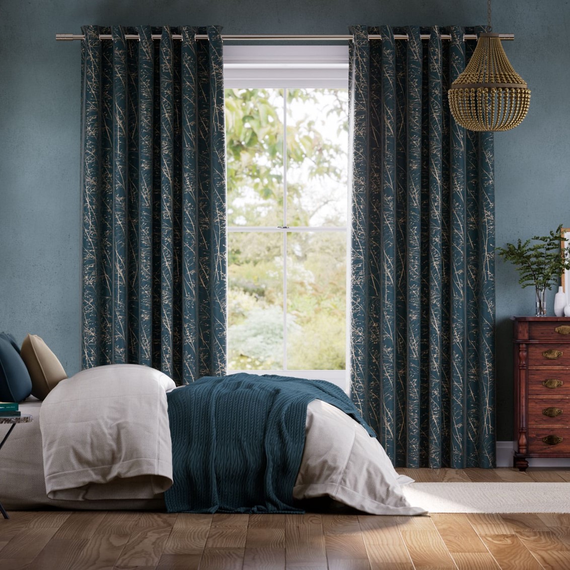 Whispering Grass Jacquard French Navy Curtains