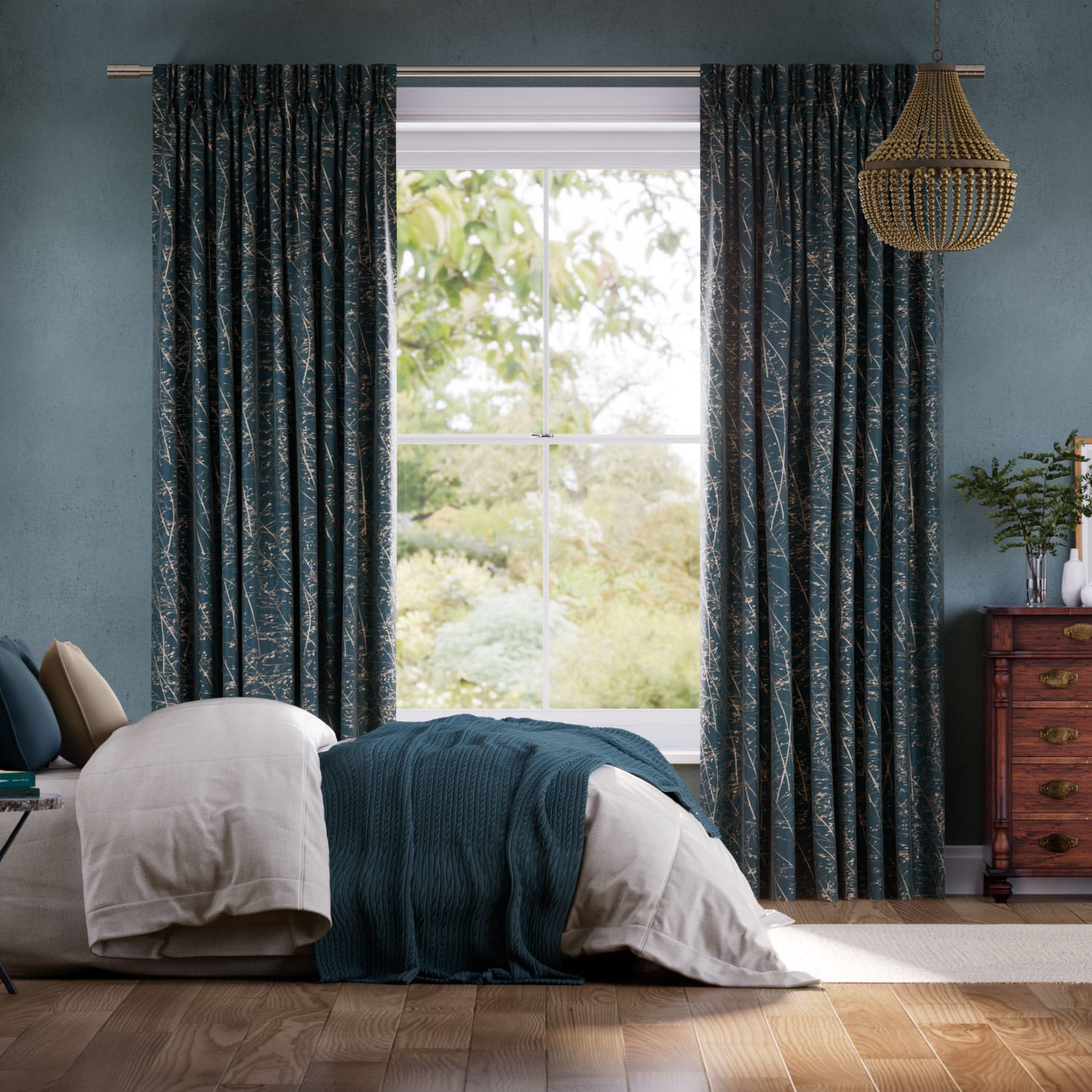 Whispering Grass Jacquard French Navy Curtains