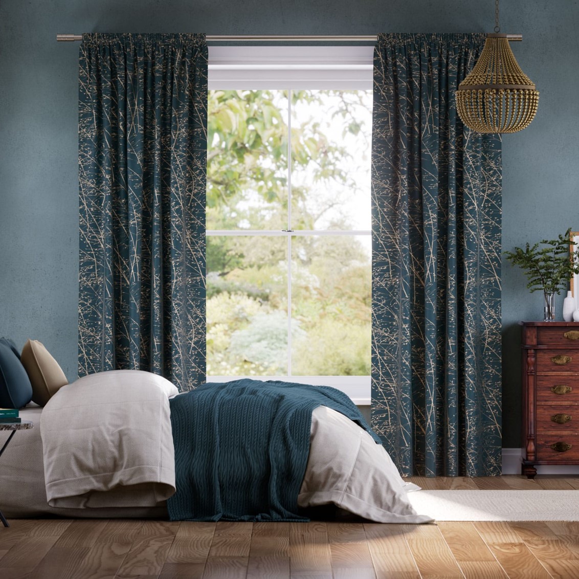 Whispering Grass Jacquard French Navy Curtains