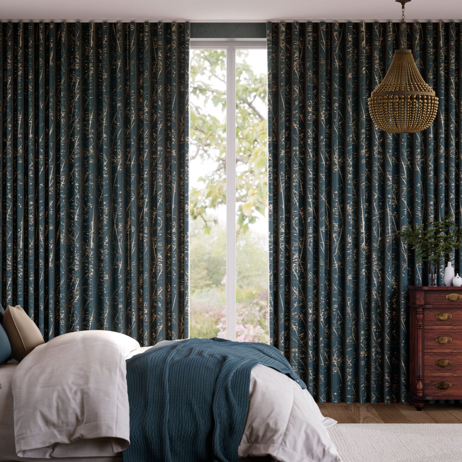 Whispering Grass Jacquard French Navy Curtains