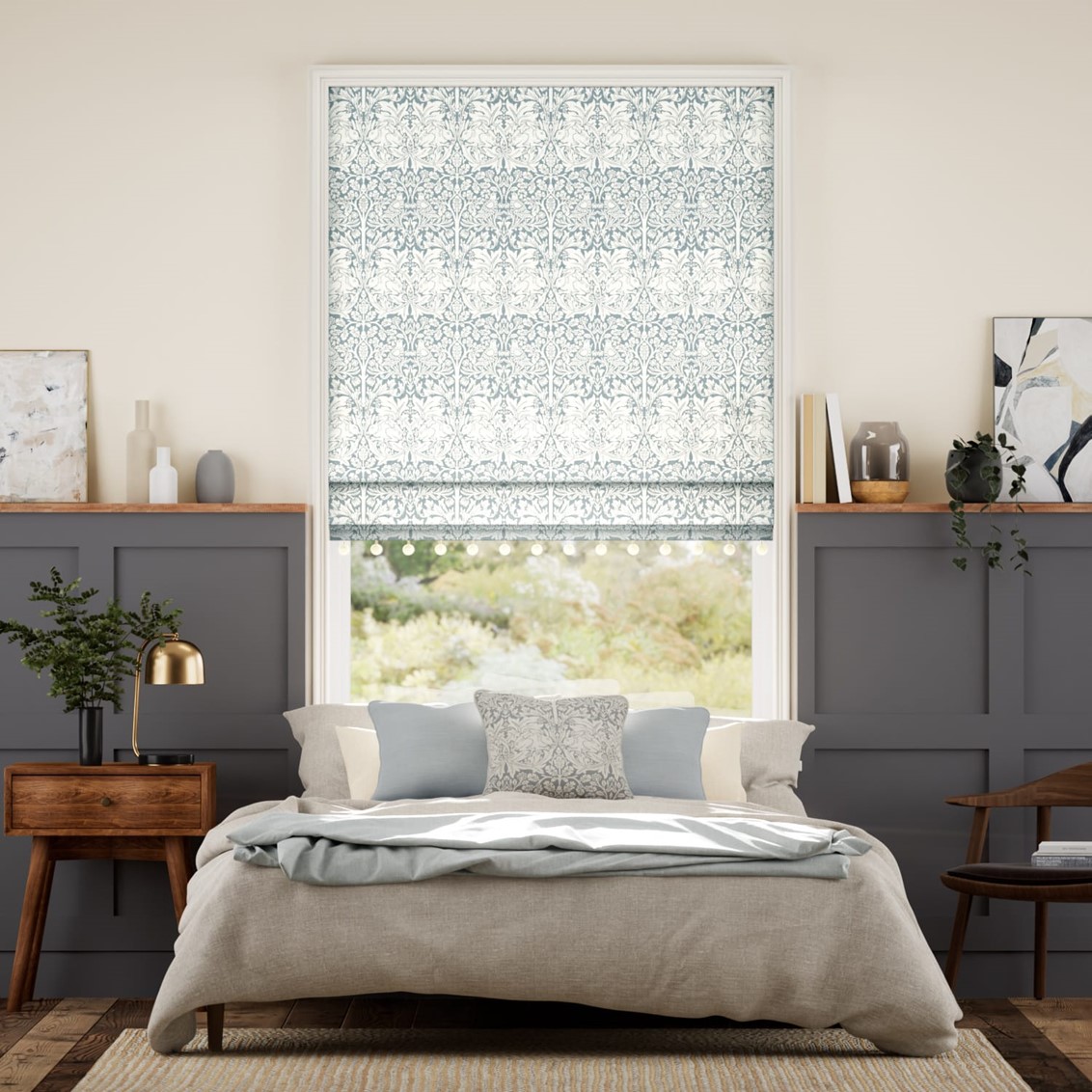 William Morris Brother Rabbit Blue Grey & Chalk Trimmed Roman Blind