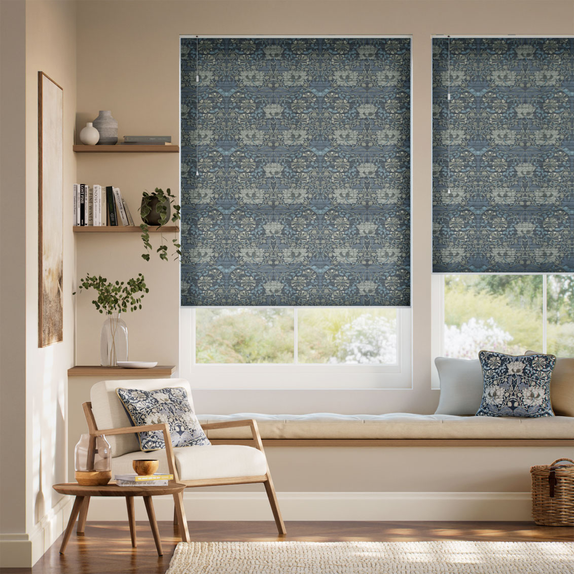 William Morris DuoLight Honeysuckle & Tulip Grey Blue Thermal Blind