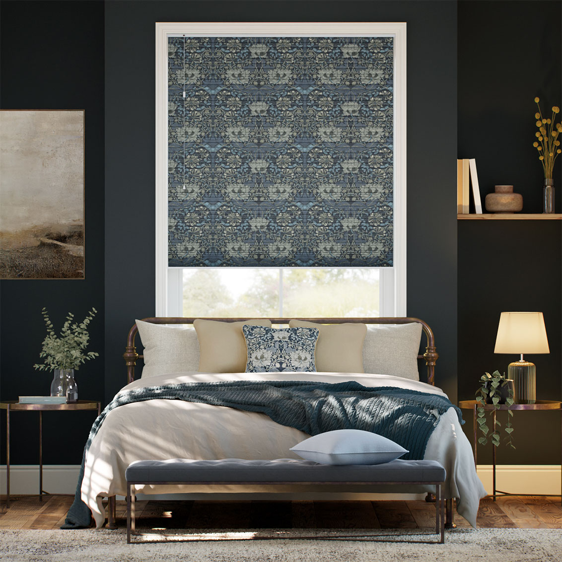 William Morris DuoShade Honeysuckle & Tulip Grey Blue Thermal Blind