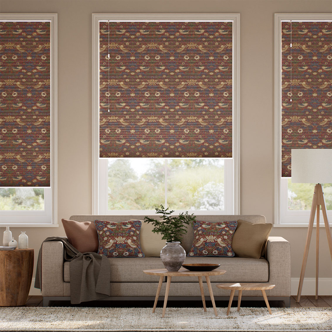 William Morris DuoShade Strawberry Thief Harissa Red Thermal Blind