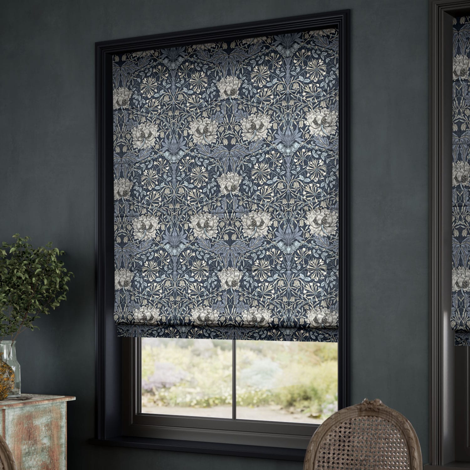 William Morris Honeysuckle and Tulip Velvet Grey Blue Roman Blind