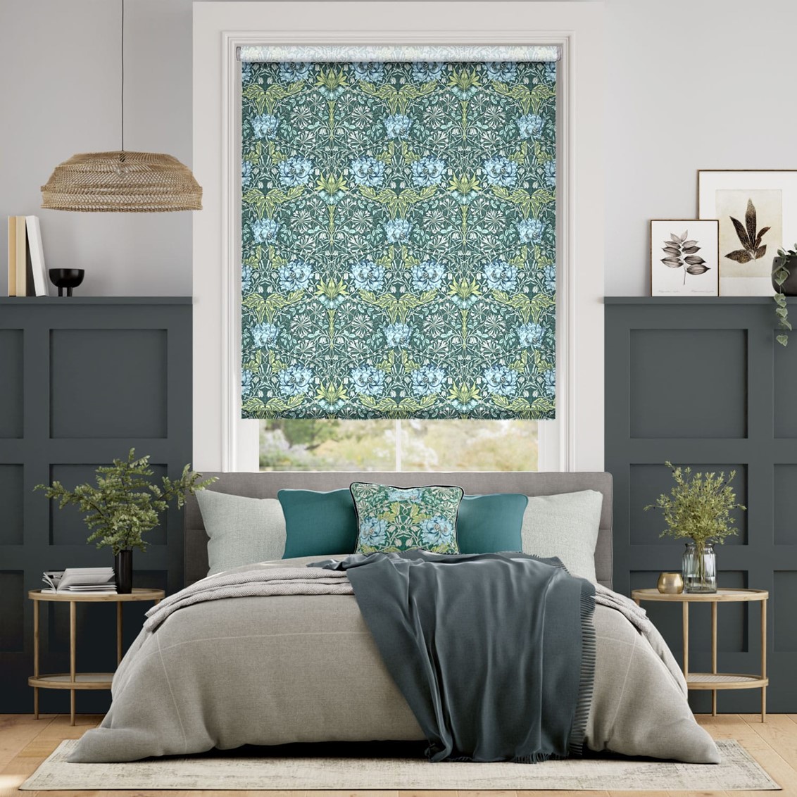 William Morris Honeysuckle and Tulip Velvet Moonstone Roller Blind