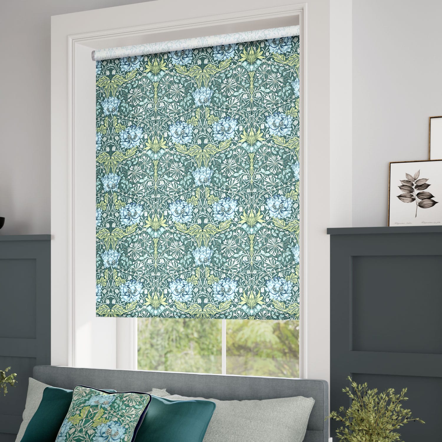 William Morris Honeysuckle and Tulip Velvet Moonstone Roller Blind