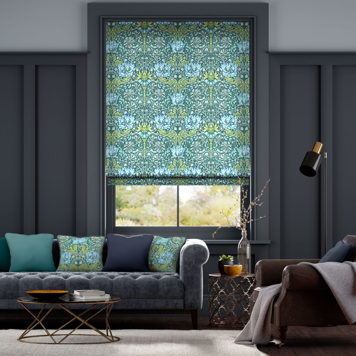 William Morris Honeysuckle and Tulip Velvet Moonstone Roman Blind