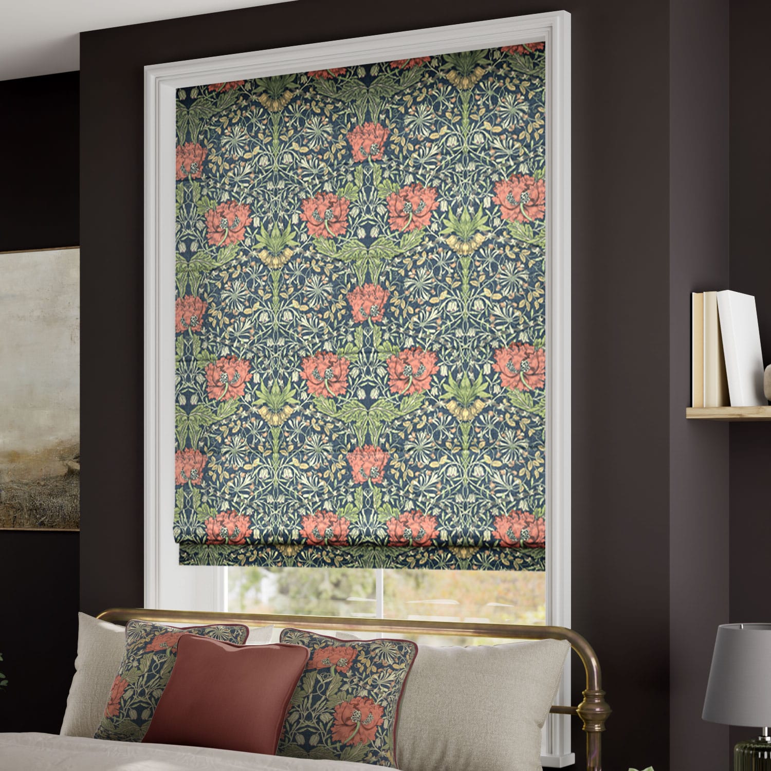 William Morris Honeysuckle and Tulip Velvet Vermillion Roman Blind