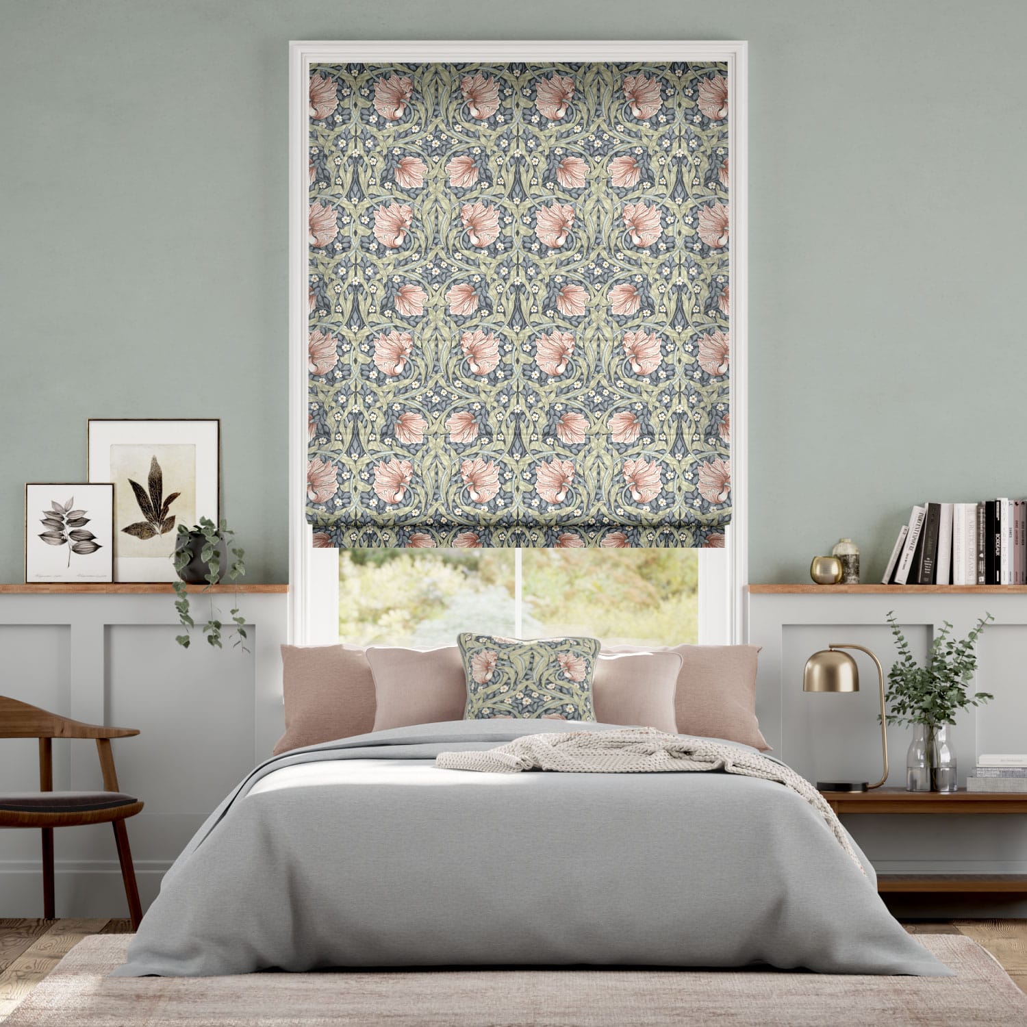 Electric William Morris Pimpernel Blush Roman Blind