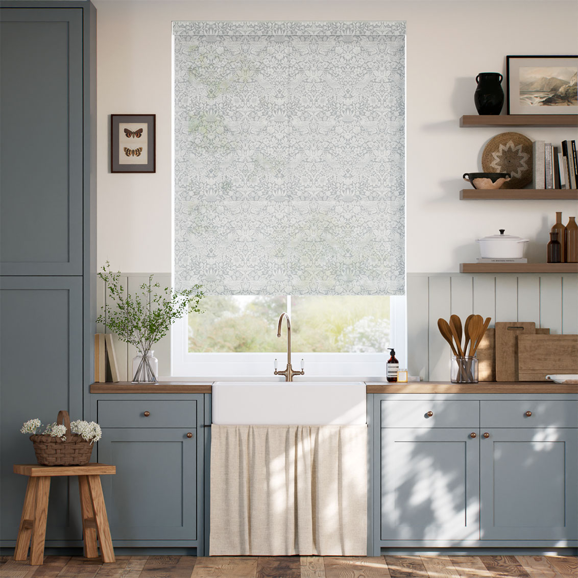 William Morris Strawberry Thief Voile Silver Grey Roller Blind