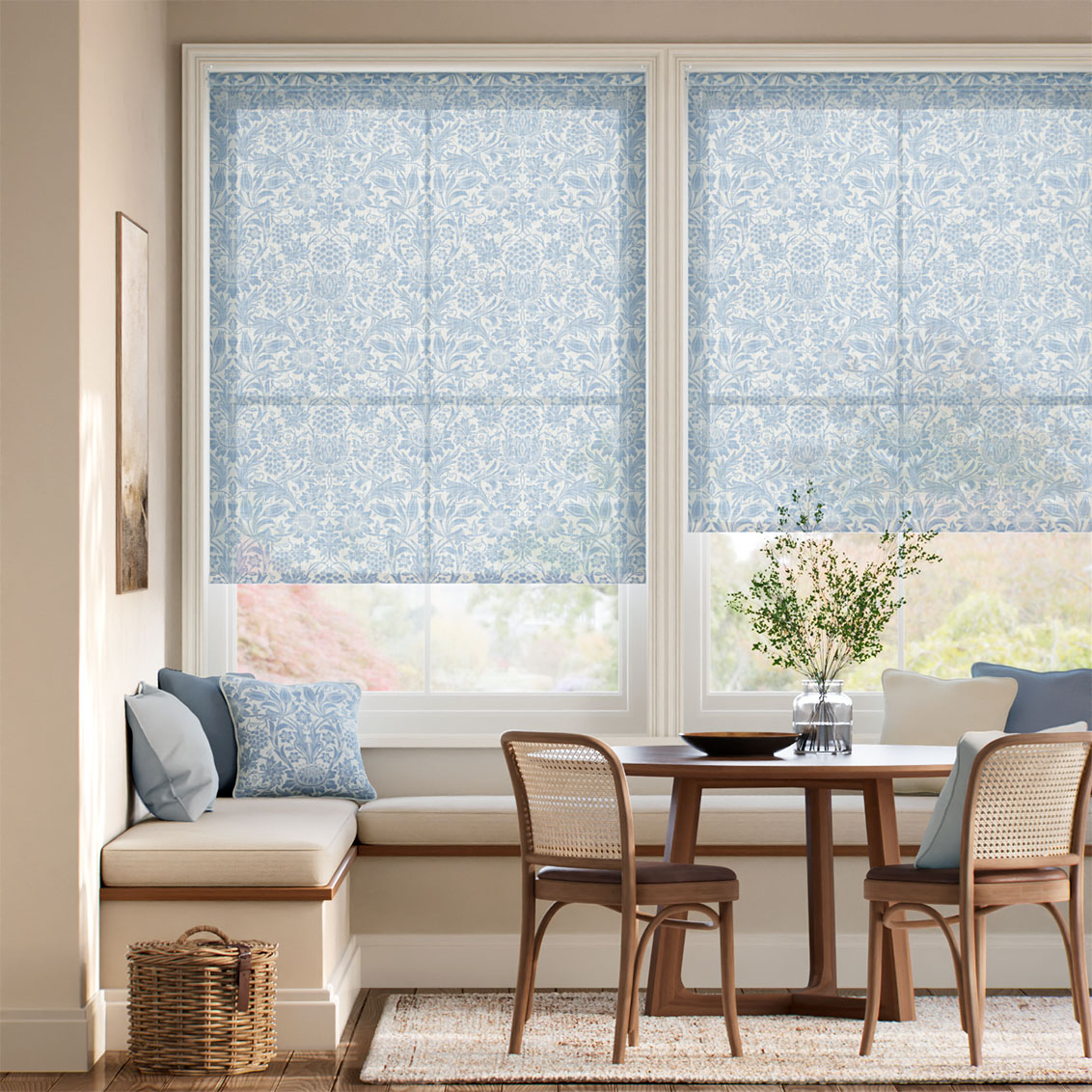 William Morris Sunflower Voile Vintage Blue Roller Blind