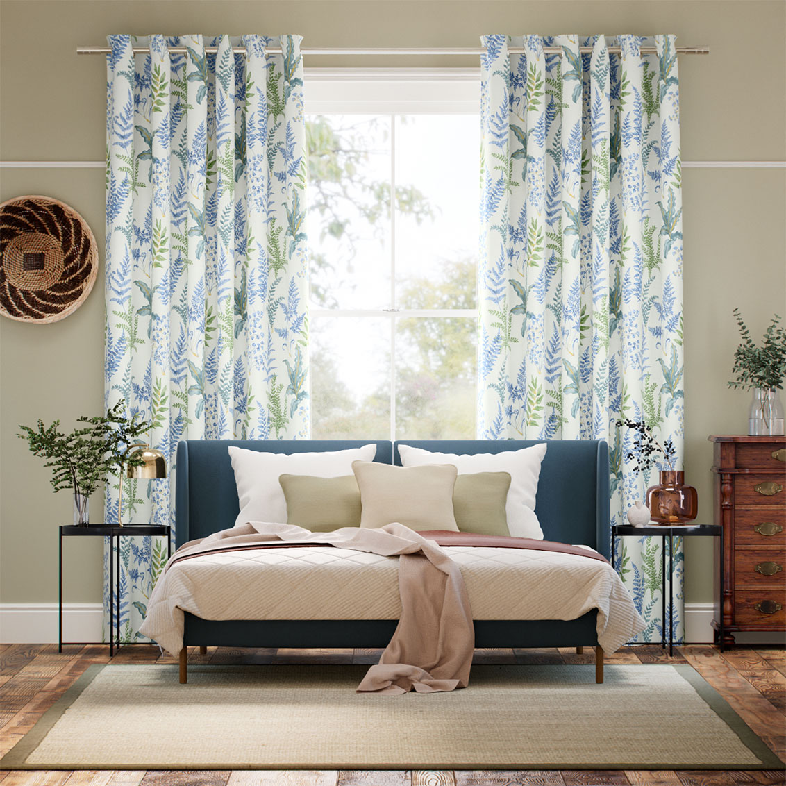 Woodland Fern Blue & Green Curtains