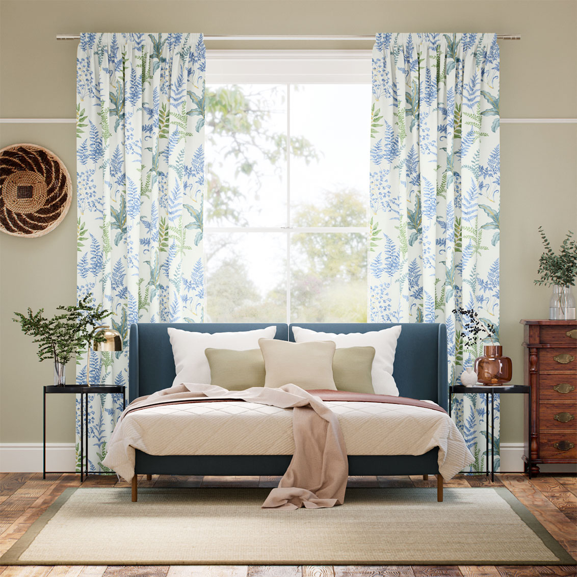 Woodland Fern Blue & Green Curtains