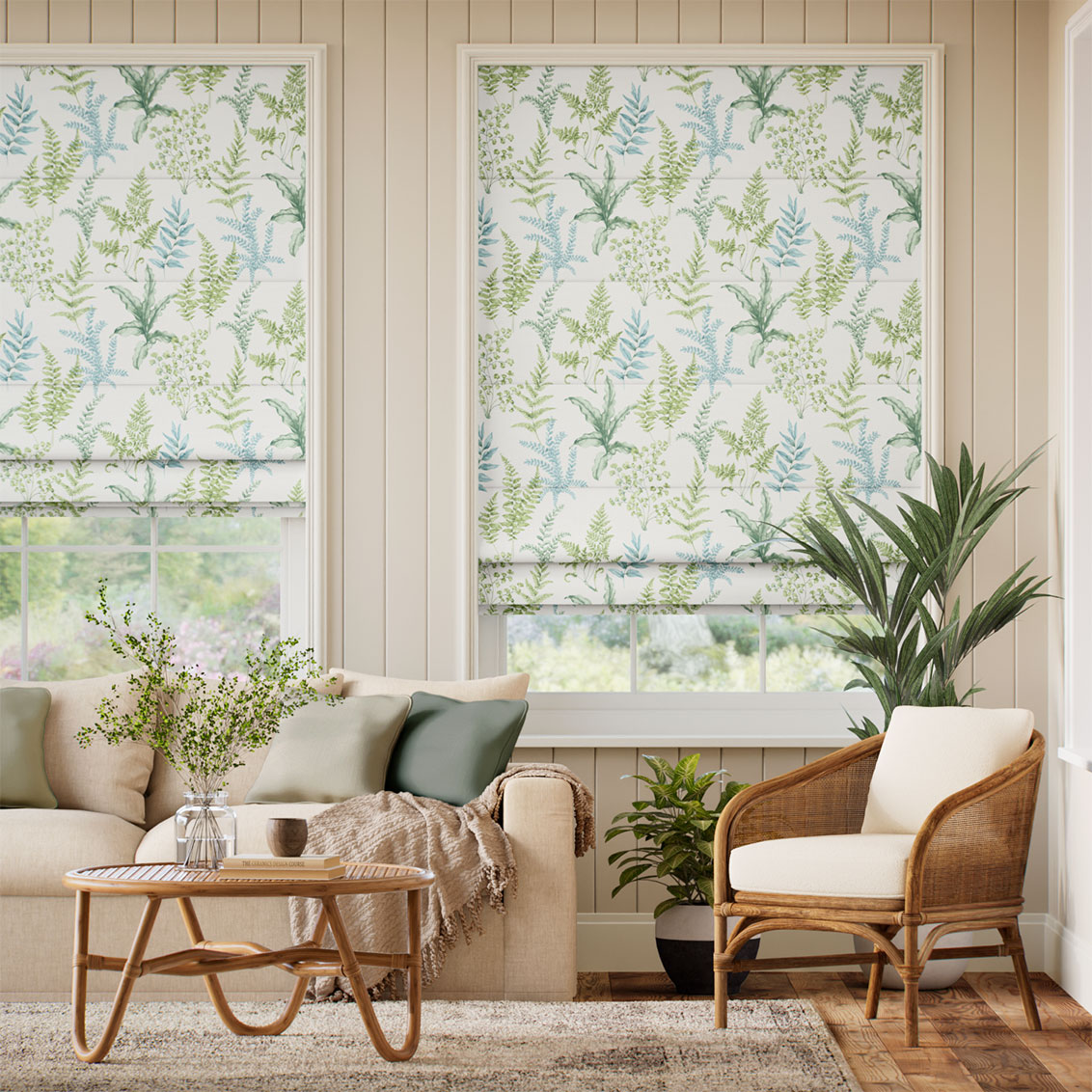 Woodland Fern Green & Aqua Roman Blind