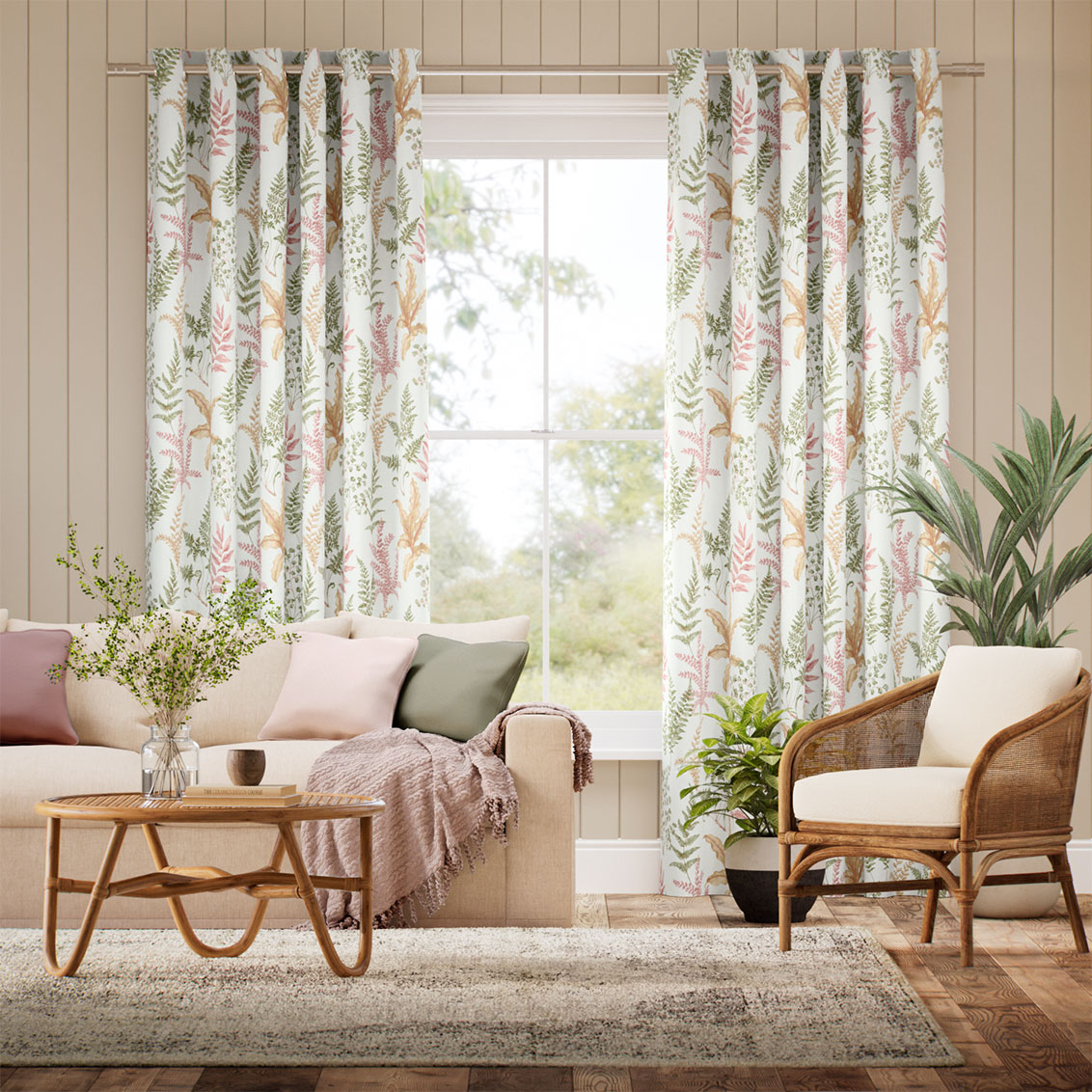 Woodland Fern Green & Blush Curtains