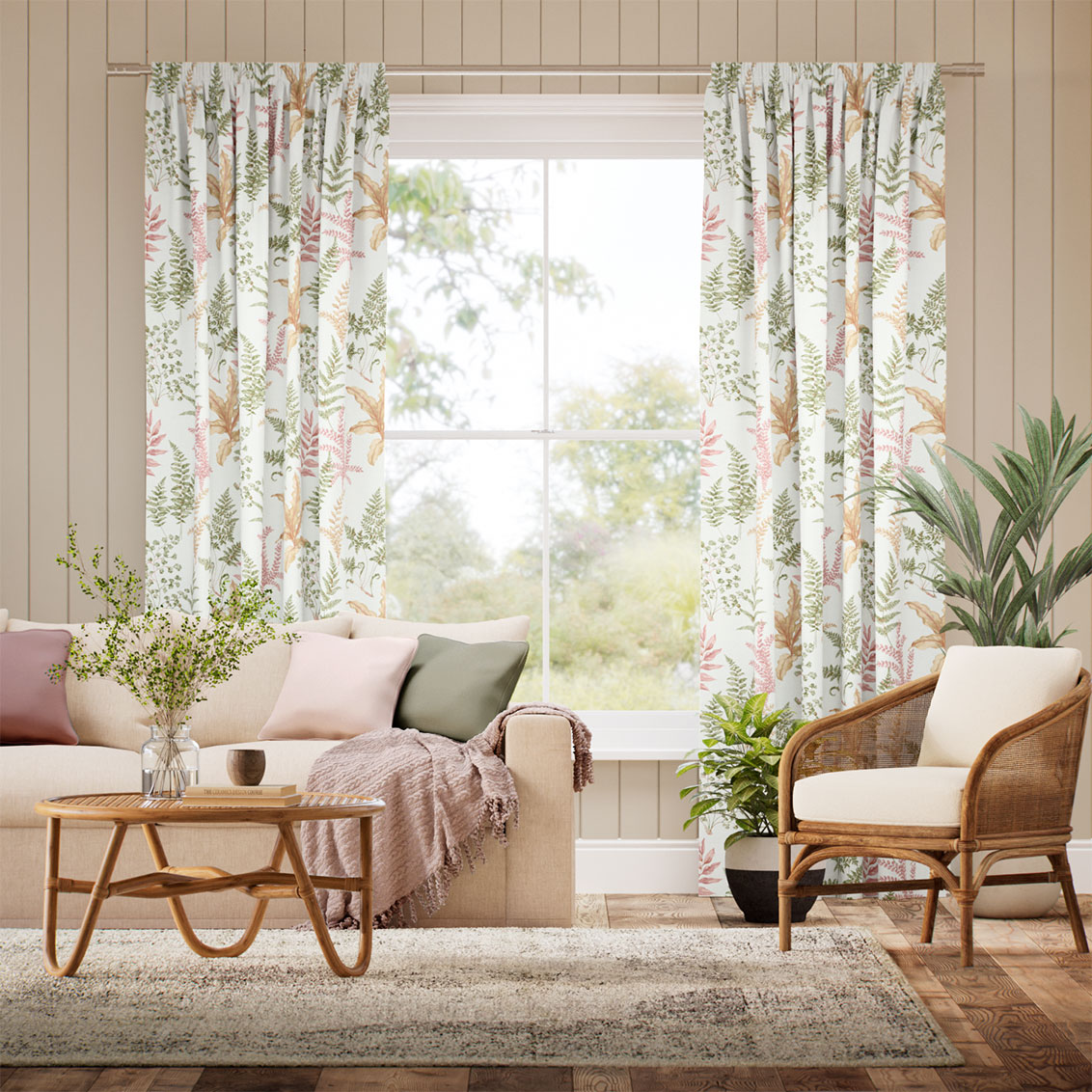 Woodland Fern Green & Blush Curtains