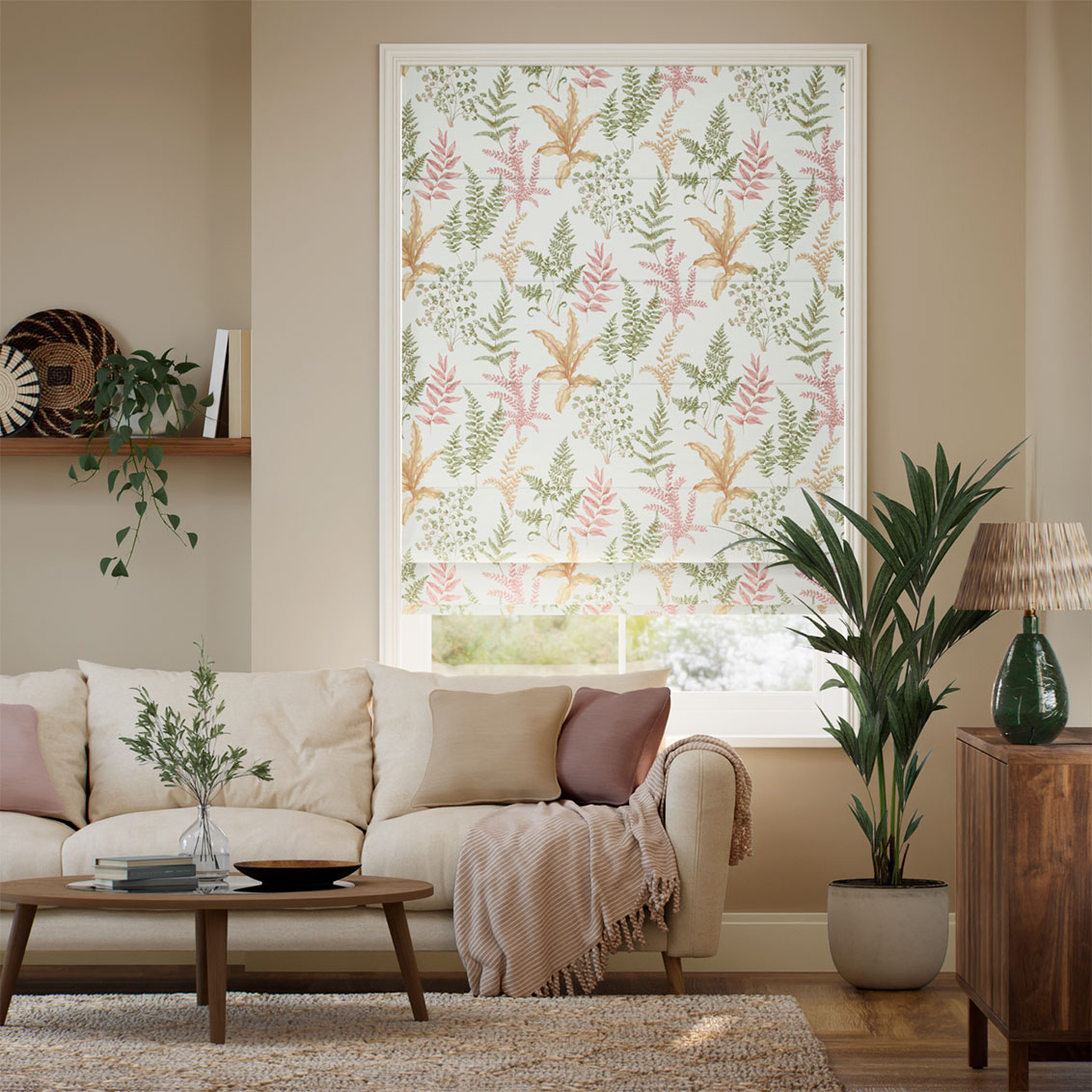 Woodland Fern Green & Blush Roman Blind
