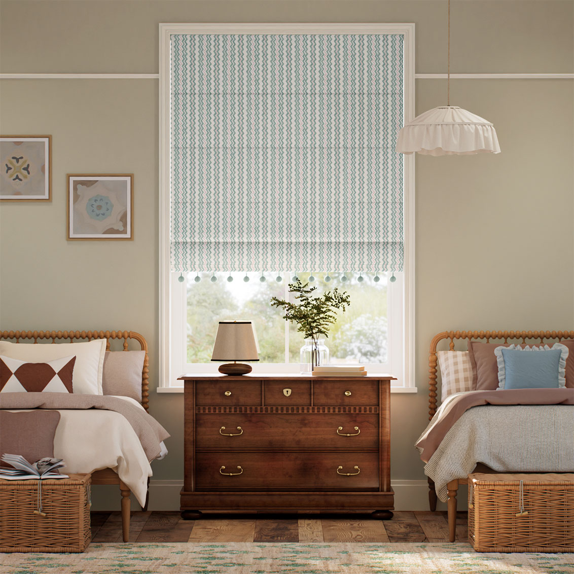 Zig Zag Pom-Pom Aqua & Blush Roman Blind