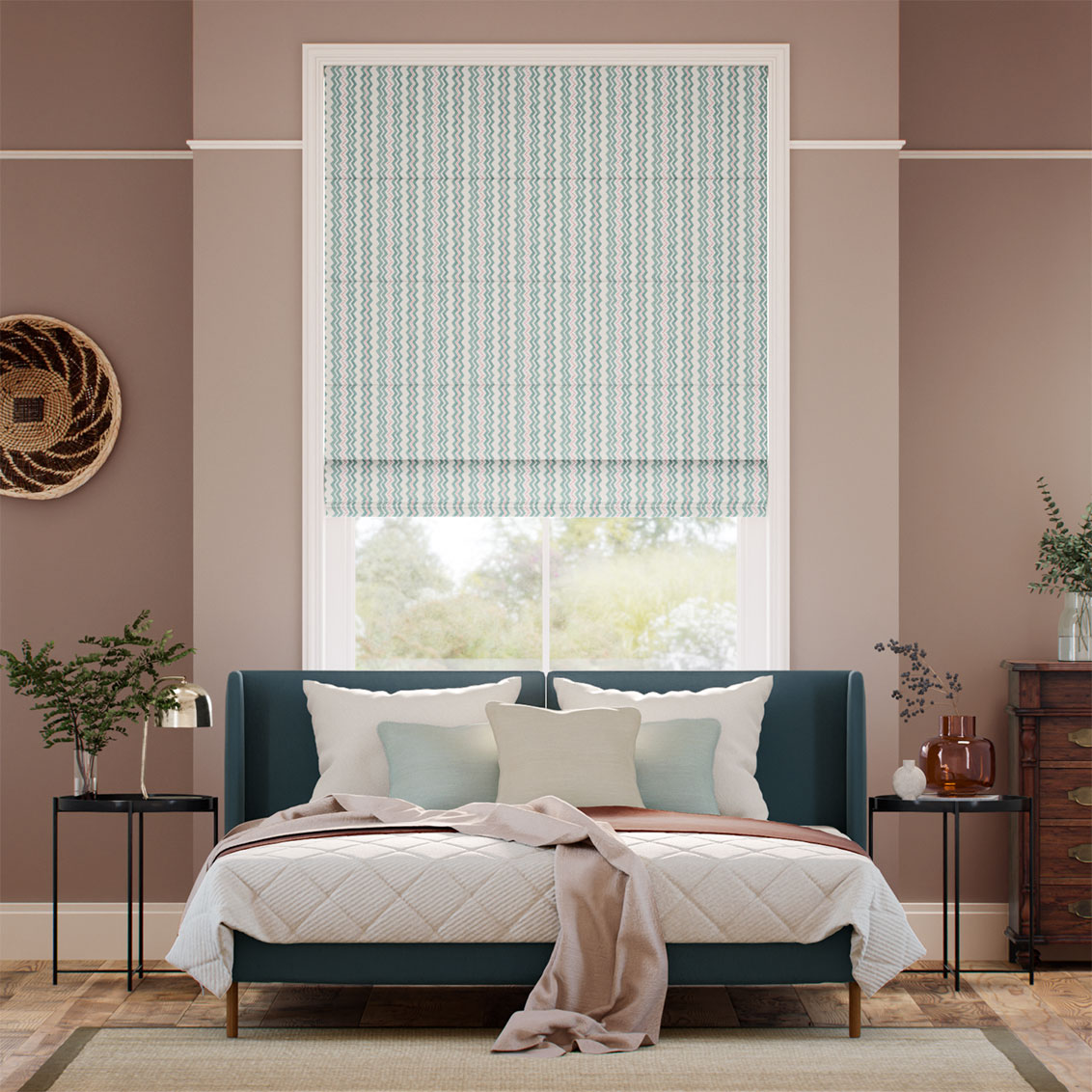 Zig Zag Aqua & Blush Roman Blind