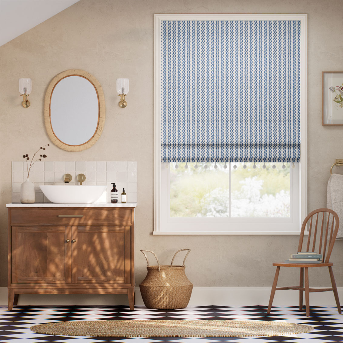 Zig Zag Pom-Pom Blue & Neutral Roman Blind