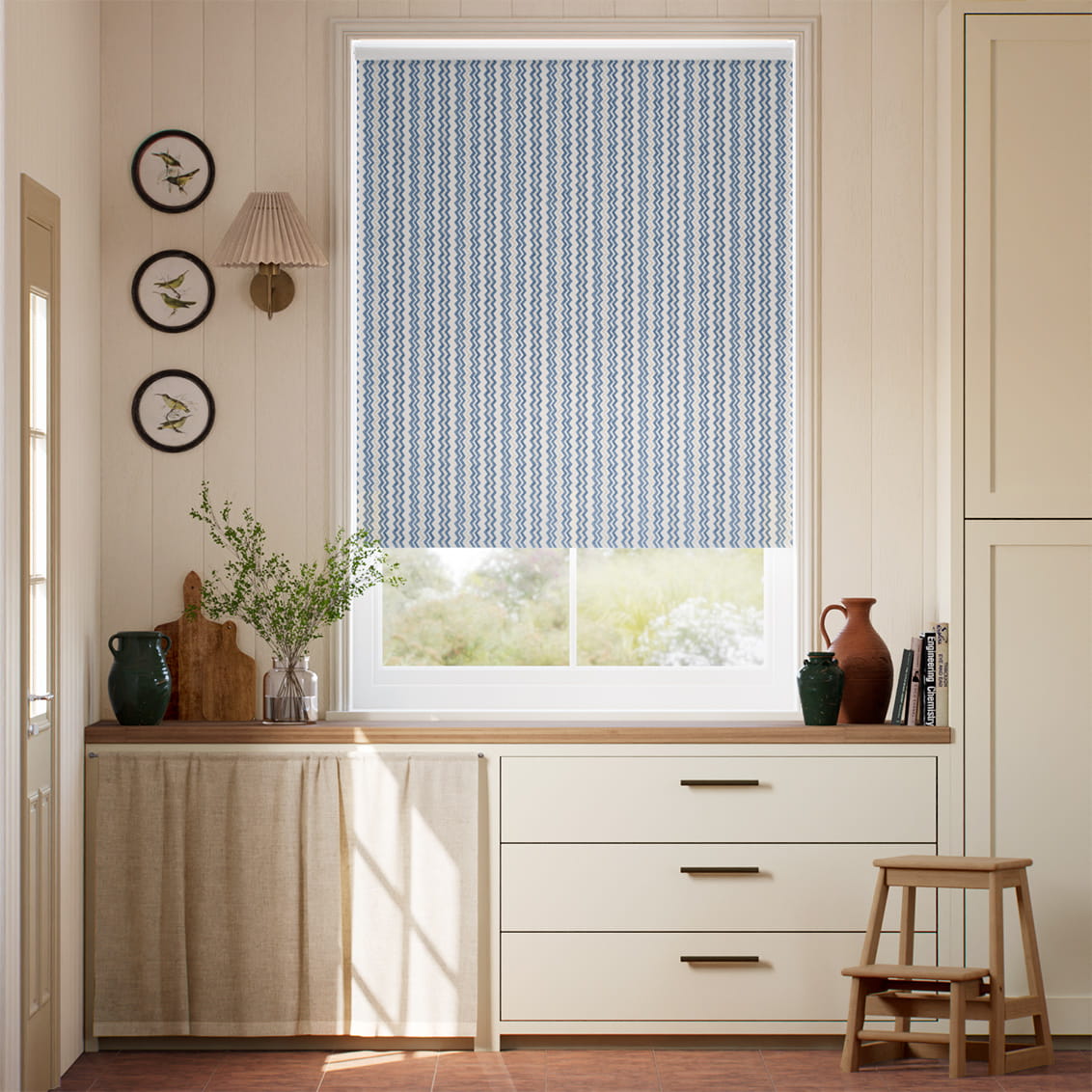 Zig Zag Blue & Neutral Roller Blind