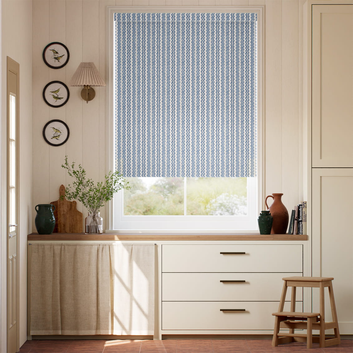 Zig Zag Blue & Neutral Roller Blind