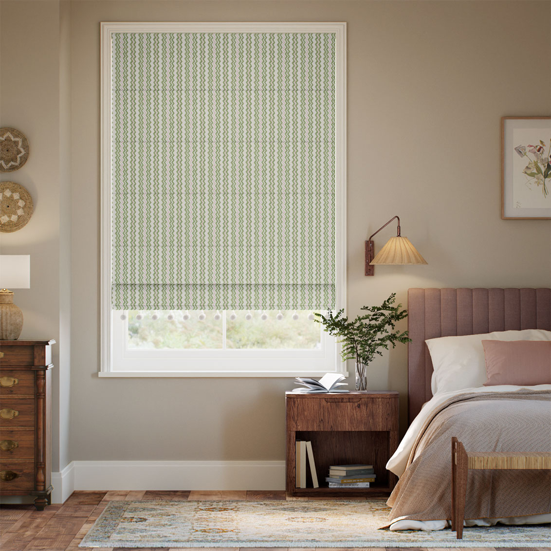 Zig Zag Pom-Pom Green & Blush Roman Blind