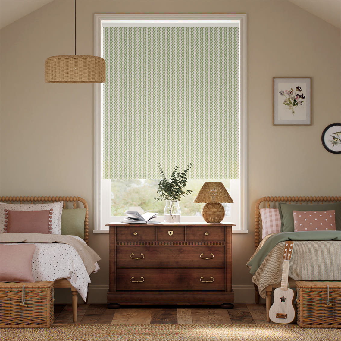Zig Zag Green & Blush Roller Blind