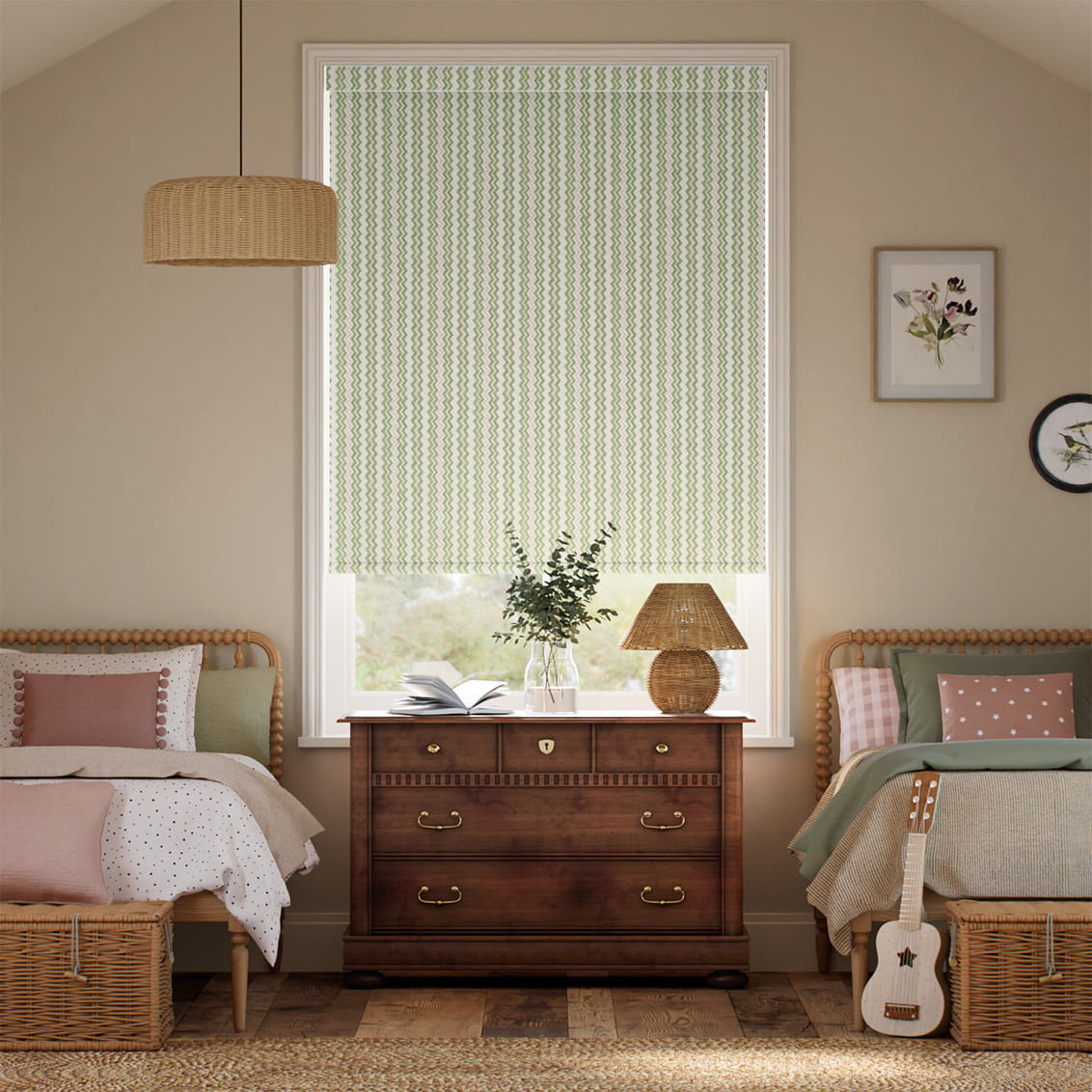 Zig Zag Green & Blush Roller Blind