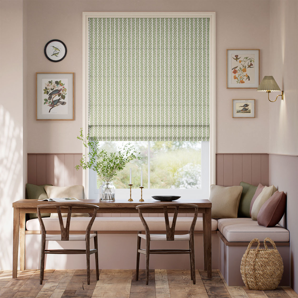 Zig Zag Green & Blush Roman Blind